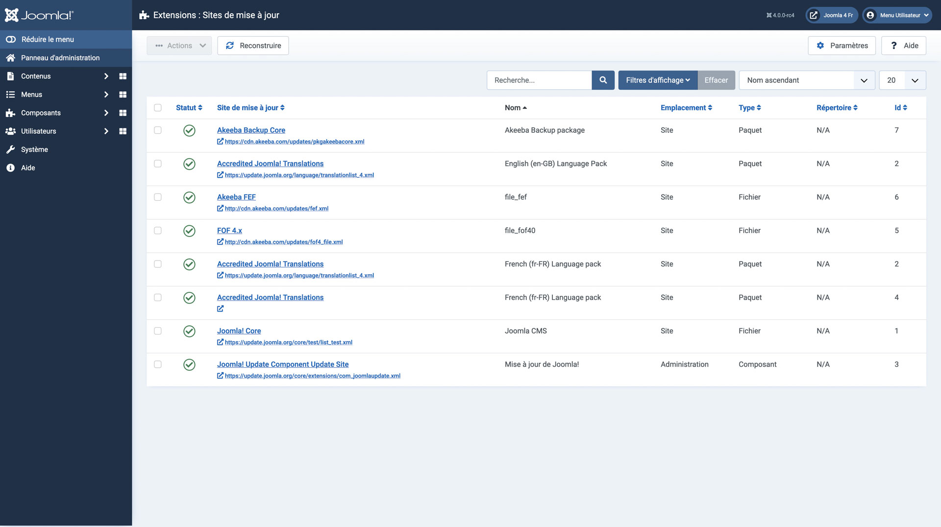 Visualiser les liens de mise à jour des éléments qui constitue votre Joomla!